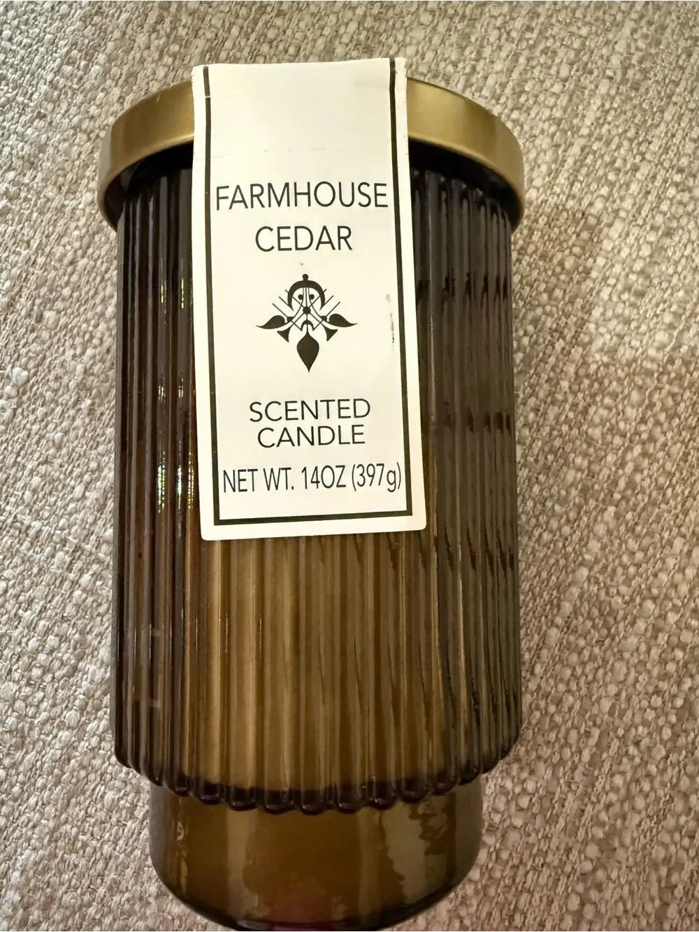 NWT Farmhouse Cedar Scented Candle - Amber Ribbed Glass
